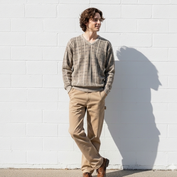 Vintage 90s Beige Grandpa Sweater Mens Preppy V-Neck Eclectic Size Medium - Picture 2 of 9